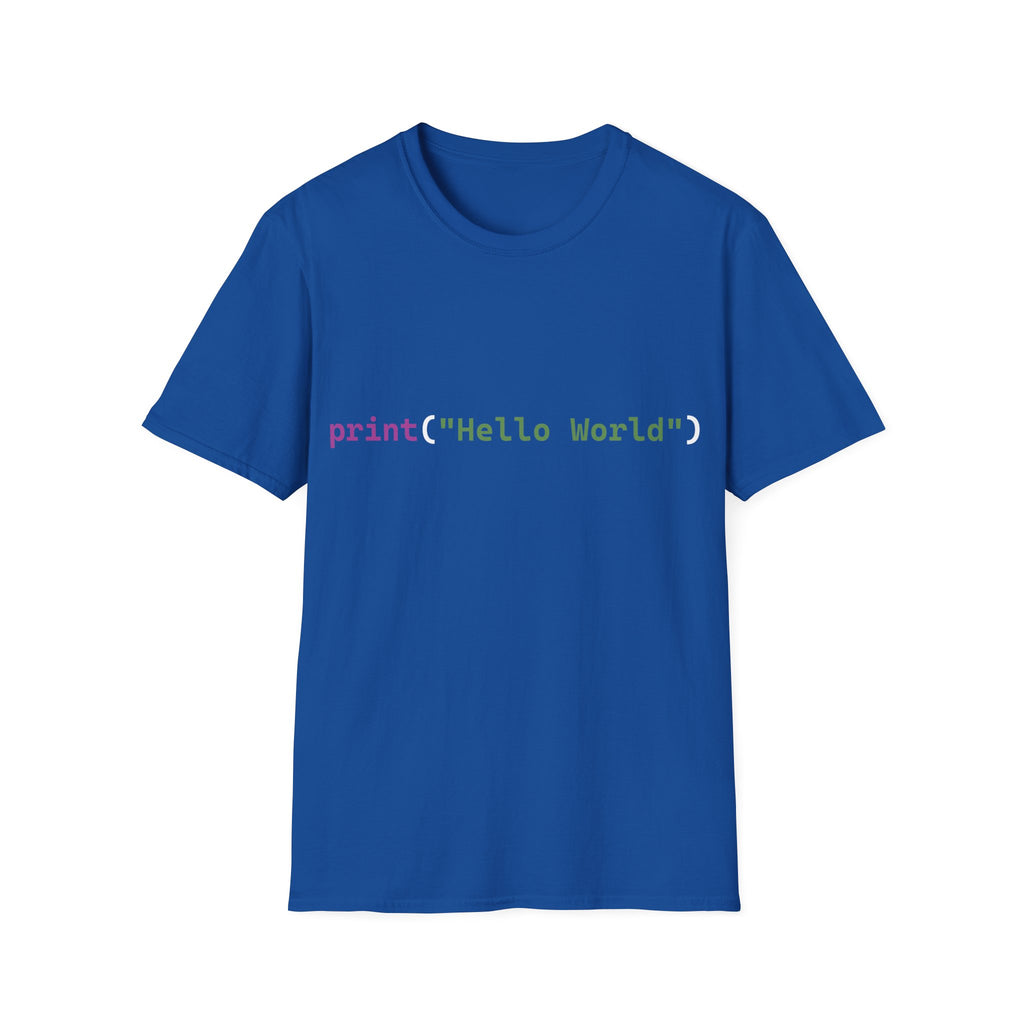 Front: print("Hello World") Back: Hello World Programmer Unisex Softstyle T-Shirt