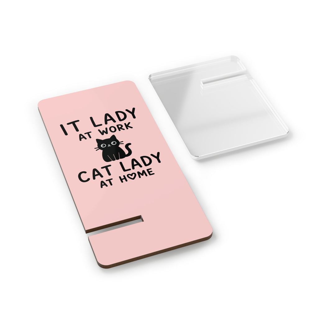 Phone Stand - "IT Lady at Work, Cat Lady at Home" Pink Foldable Mobile Display