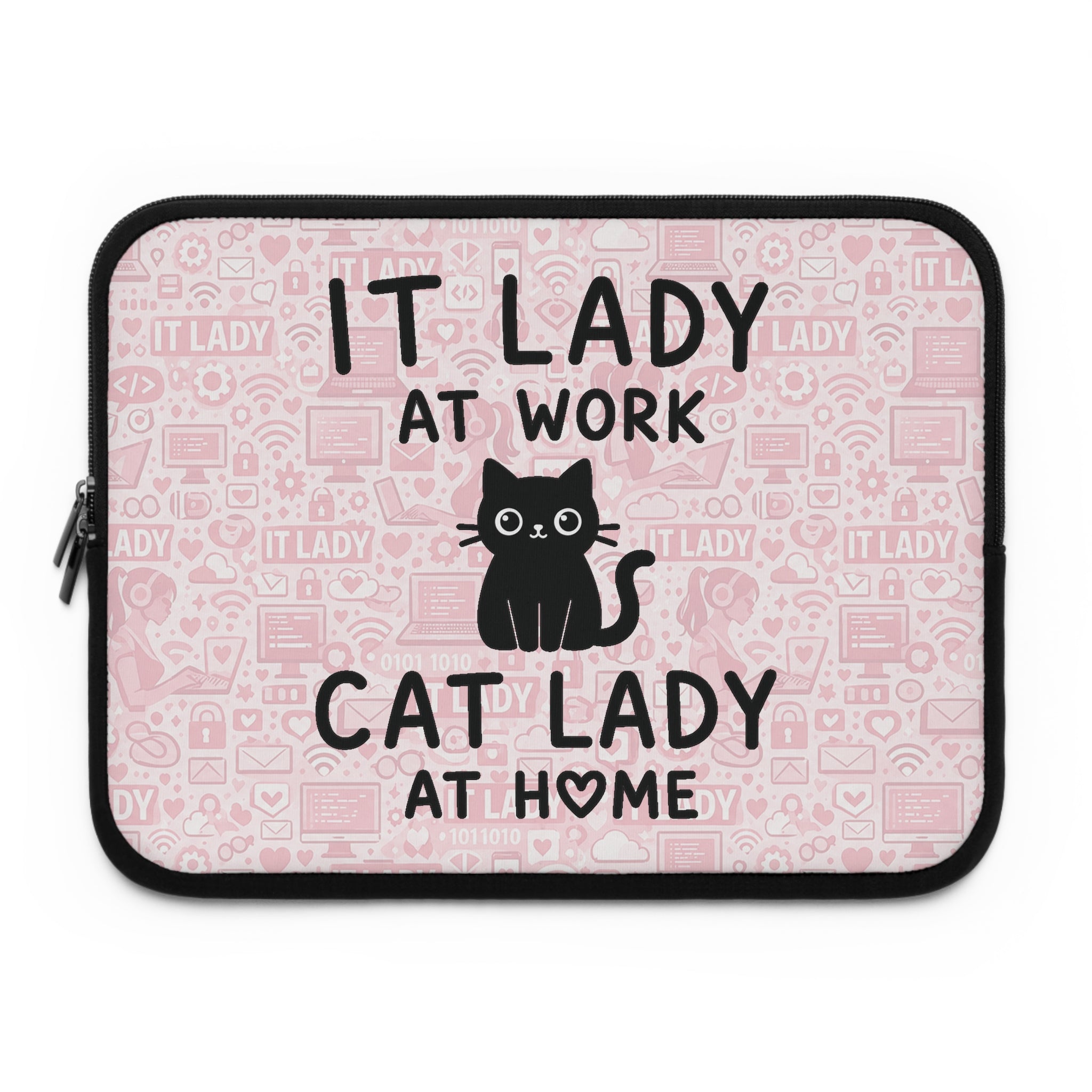 IT Lady at Work / Cat Lady at Home Laptop Sleeve - Cute Pink Cat Tech Accessory