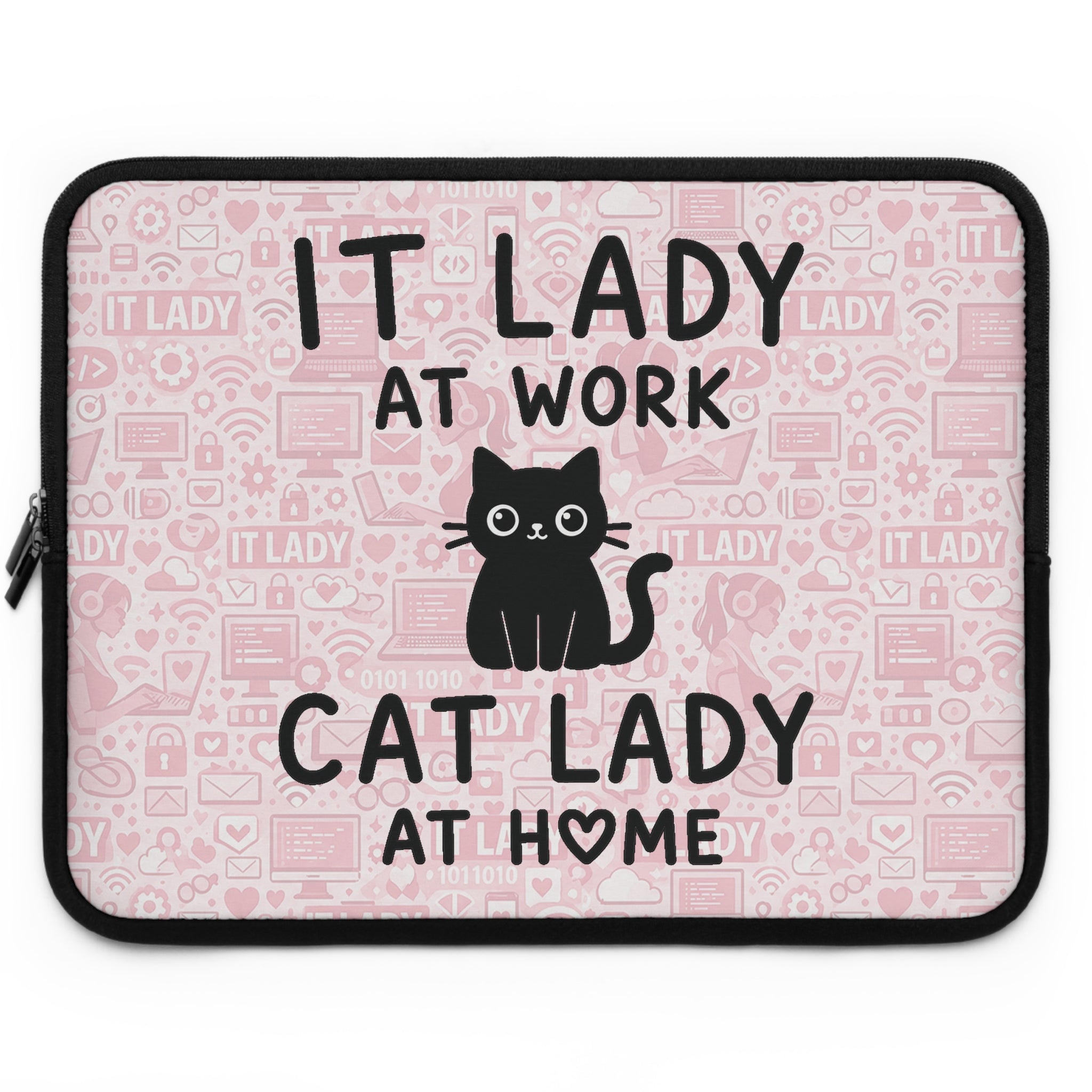 IT Lady at Work / Cat Lady at Home Laptop Sleeve - Cute Pink Cat Tech Accessory