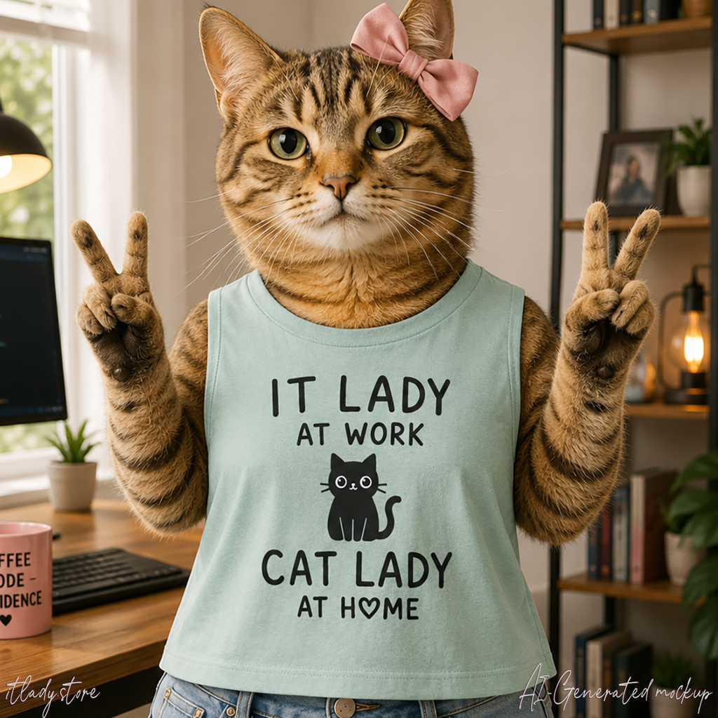 IT Lady at Work, Cat Lady at Home Crop Top
