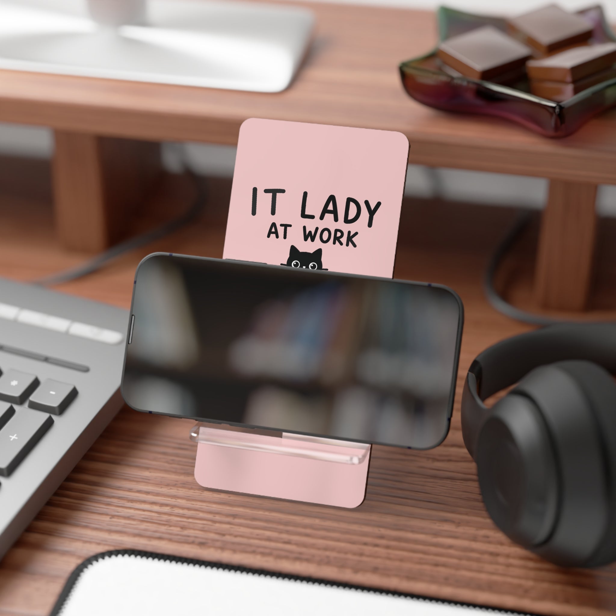 Phone Stand - "IT Lady at Work, Cat Lady at Home" Pink Foldable Mobile Display