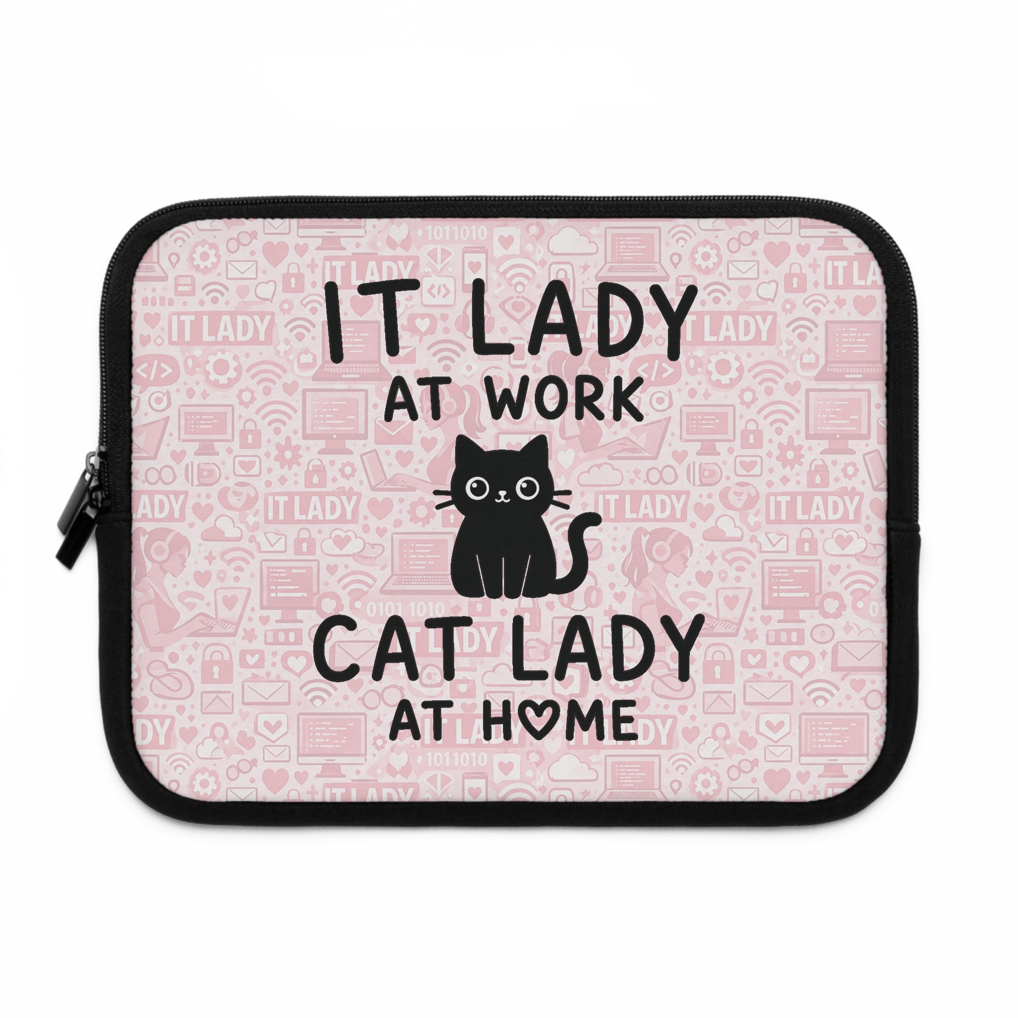 IT Lady at Work / Cat Lady at Home Laptop Sleeve - Cute Pink Cat Tech Accessory
