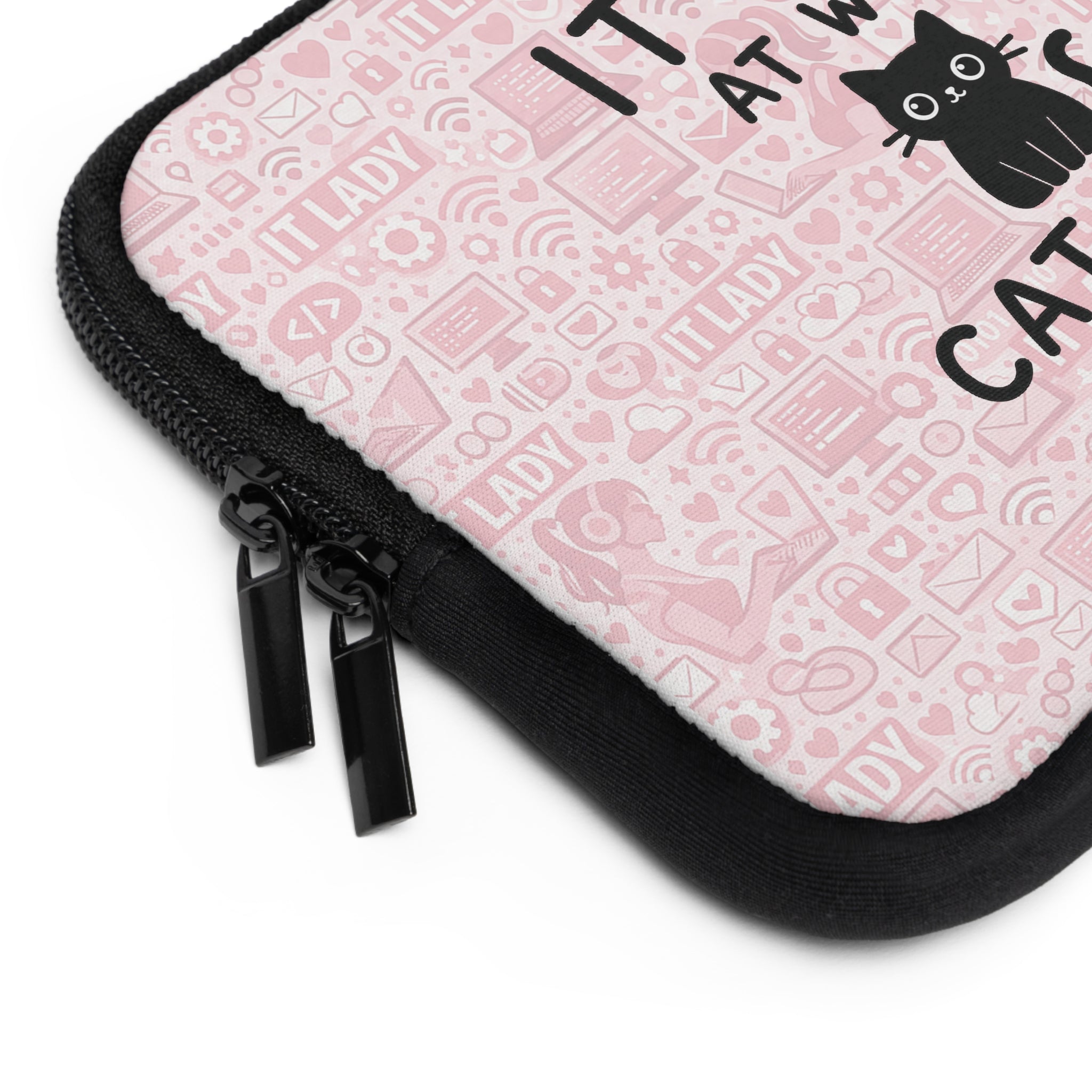 IT Lady at Work / Cat Lady at Home Laptop Sleeve - Cute Pink Cat Tech Accessory